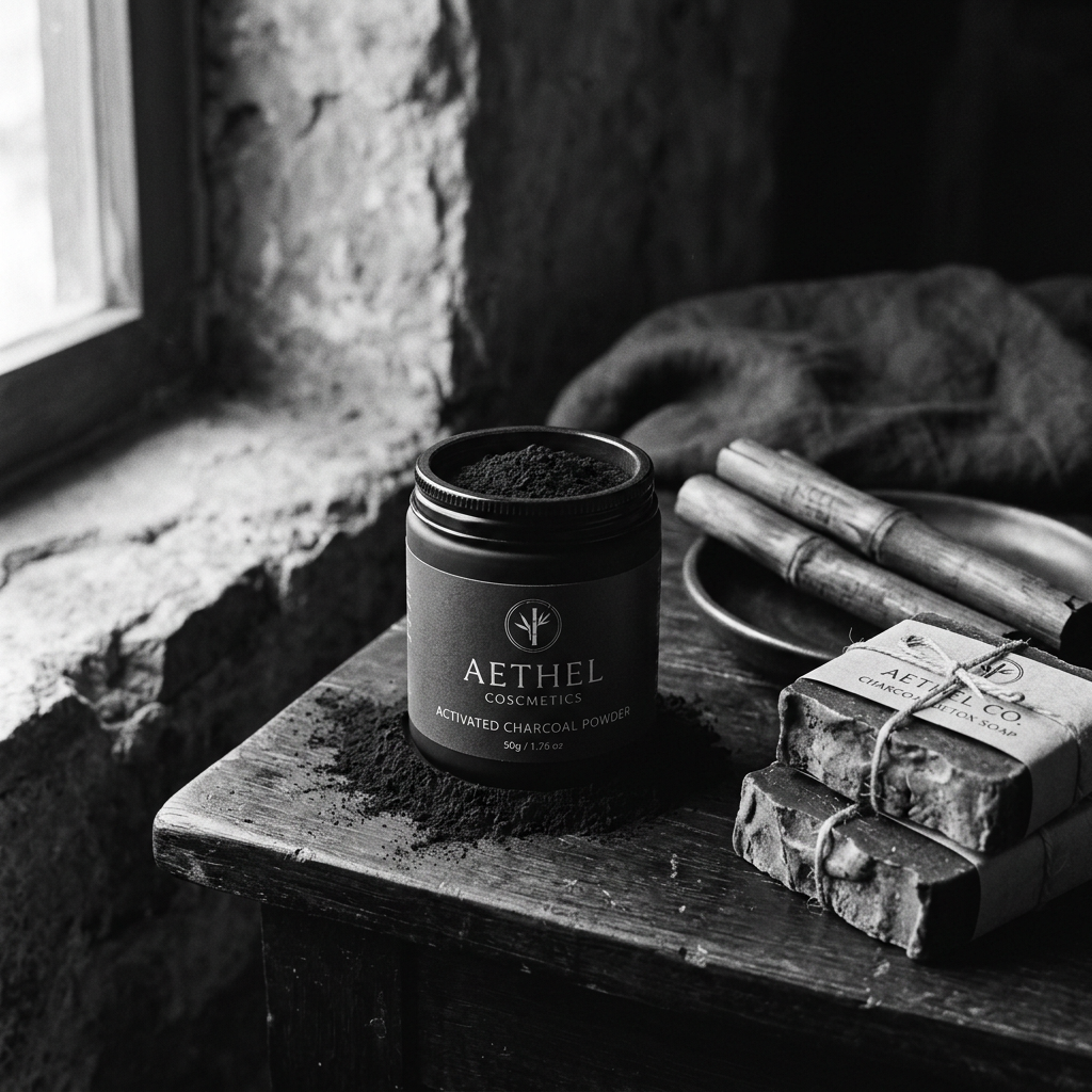 Activated Charcoal Powder lifestyle with bamboo charcoal and soap bars