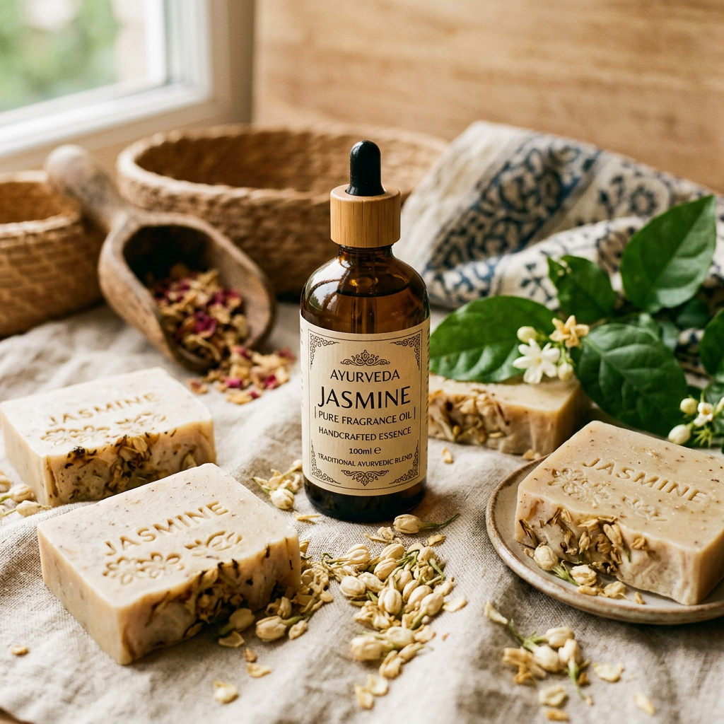 Jasmine Fragrance Oil lifestyle with Ayurvedic soap making setup