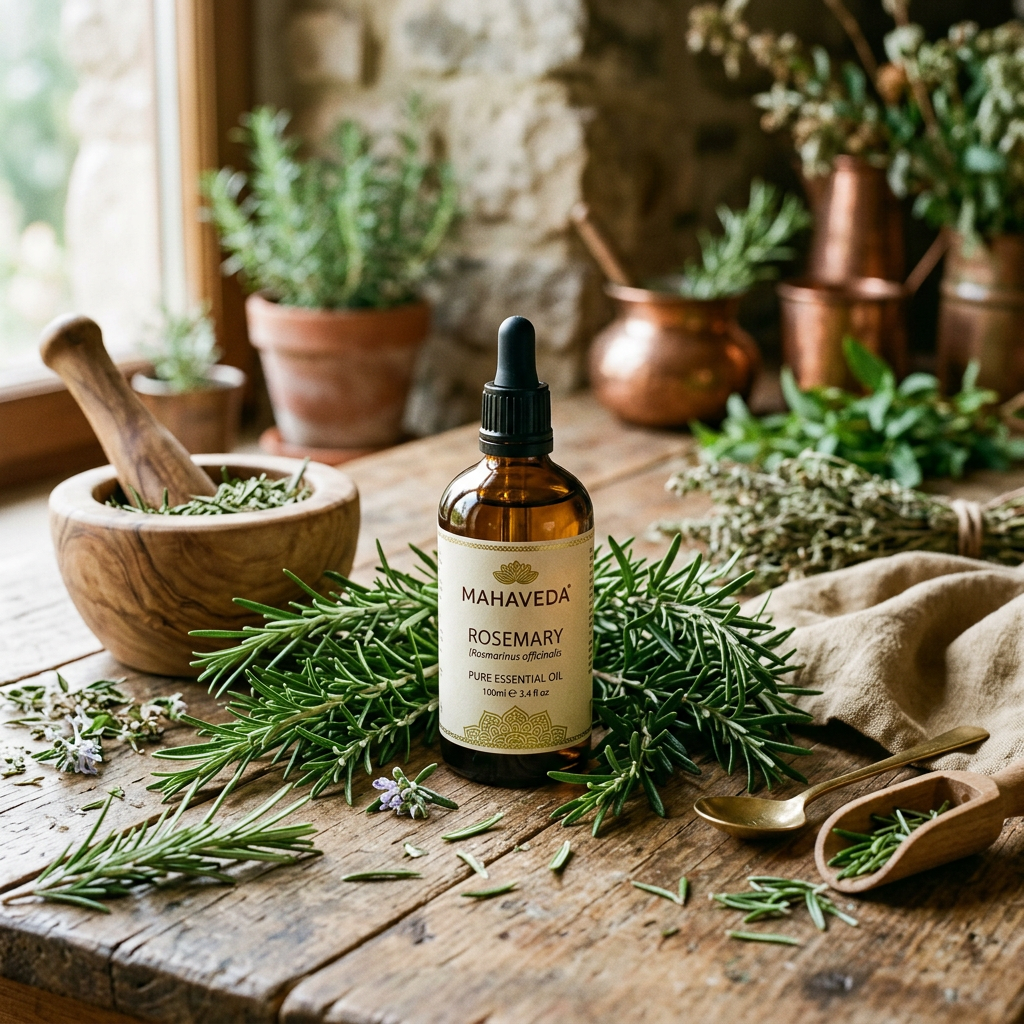 Rosemary Essential Oil lifestyle shot with herb bunches and mortar