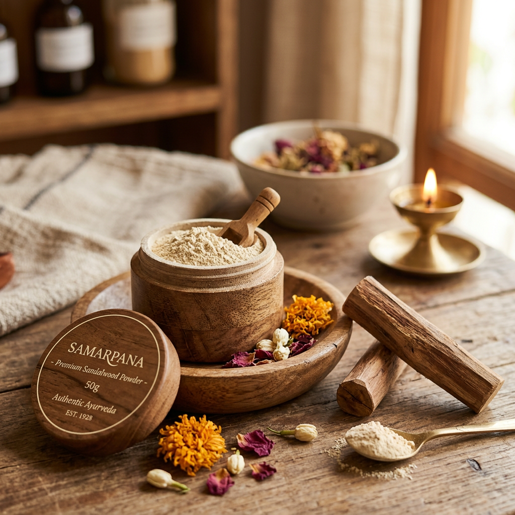 Sandalwood Powder lifestyle with wooden jar, sticks and dried flowers