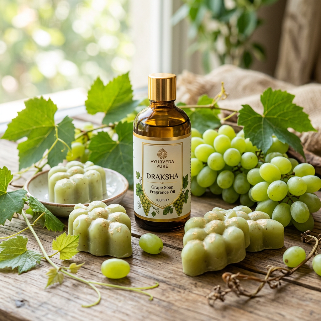 Grapes Fragrance Oil lifestyle with handcrafted green soap bars and grapes