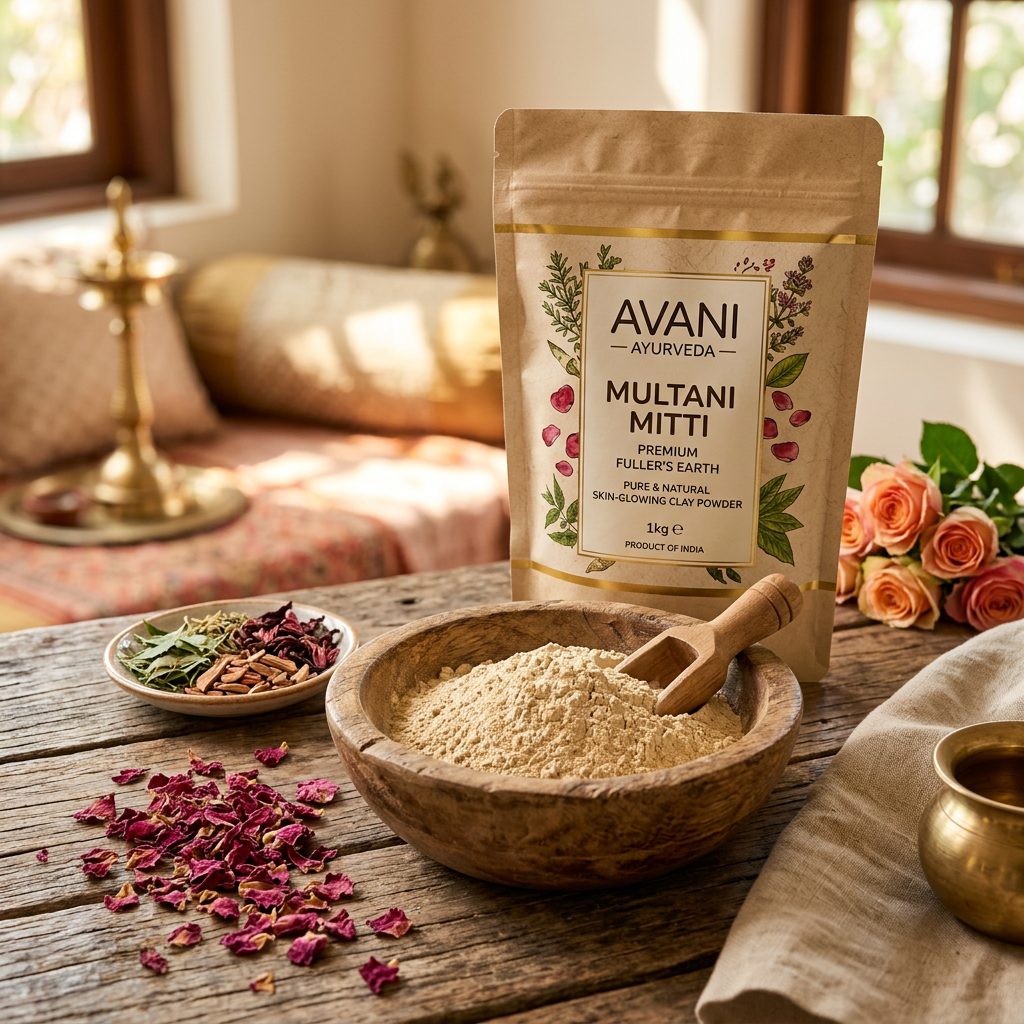 Multani Mitti Powder lifestyle with wooden bowl and dried rose petals
