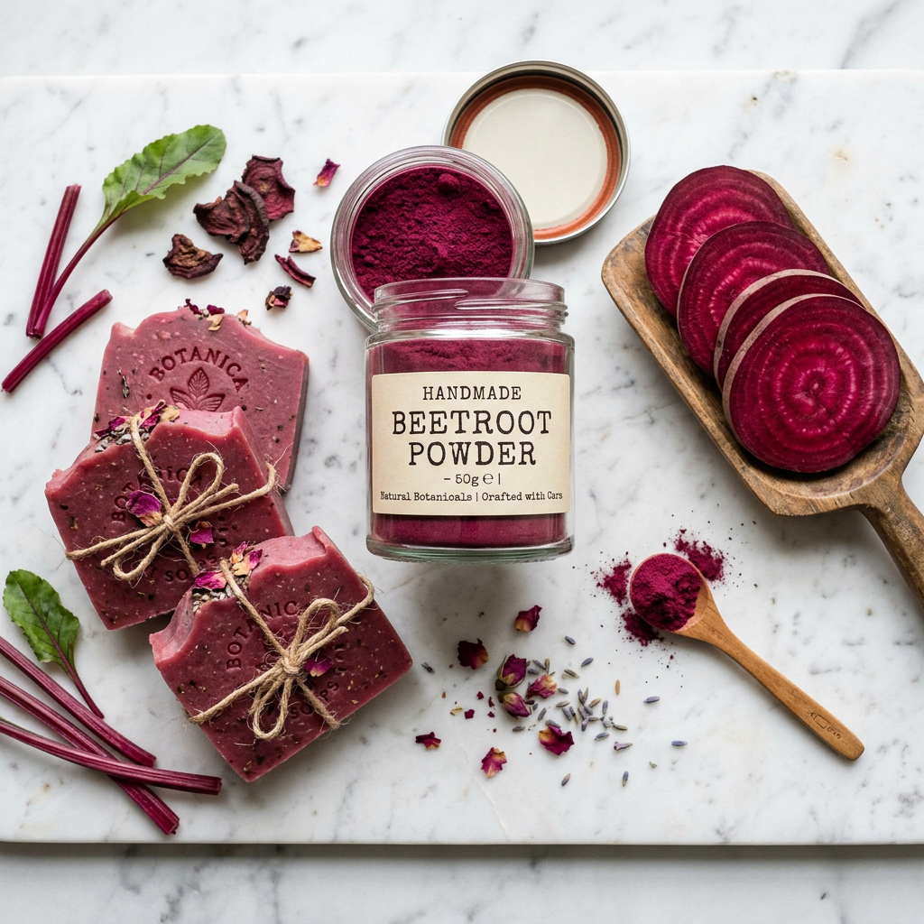 Beetroot Powder flat lay with burgundy pink soap bars on marble surface