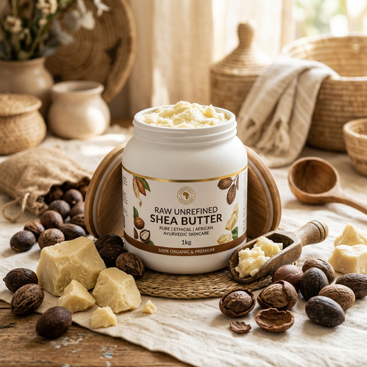 Shea Butter 1kg white jar with raw shea butter chunks and shea nuts