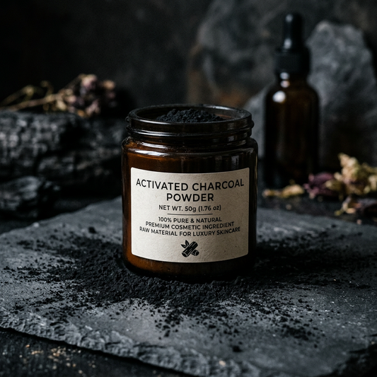 Activated Charcoal Powder 50g in dark glass jar with charcoal scattered