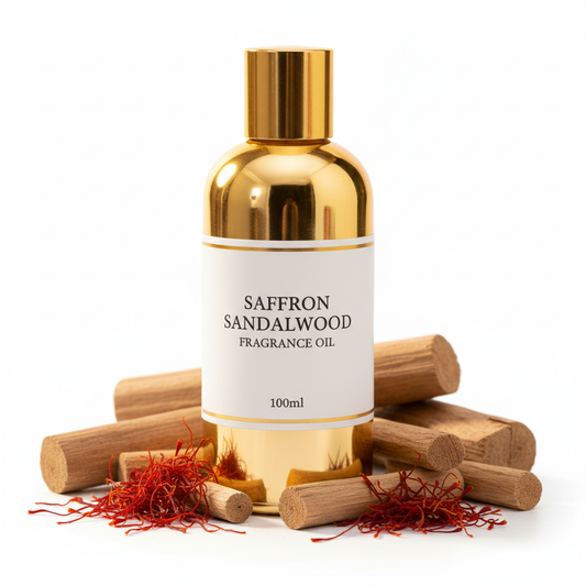 Saffron sandalwood fragrance oil 100ml bottle with saffron strands and sandalwood sticks