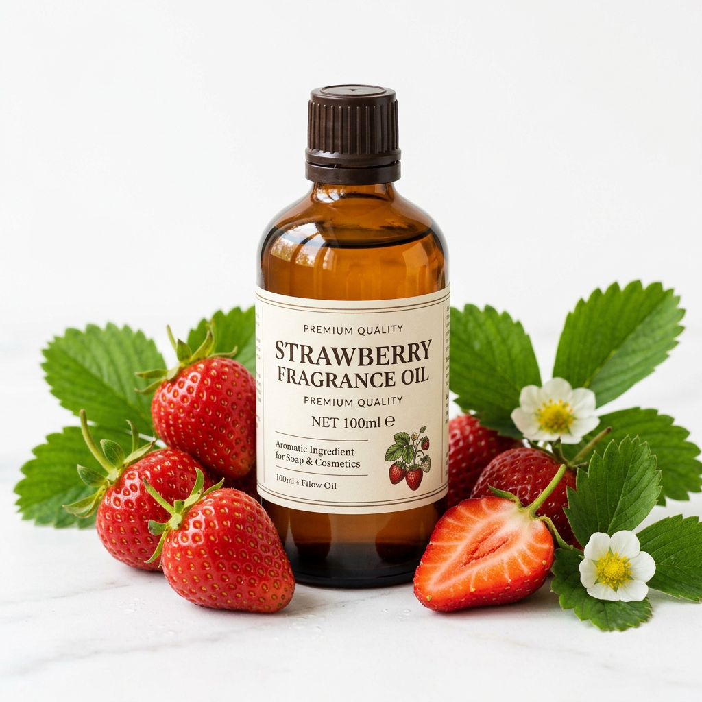 Strawberry Fragrance Oil 100ml bottle with fresh strawberries