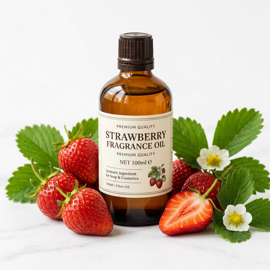 Strawberry Fragrance Oil 100ml bottle with fresh strawberries
