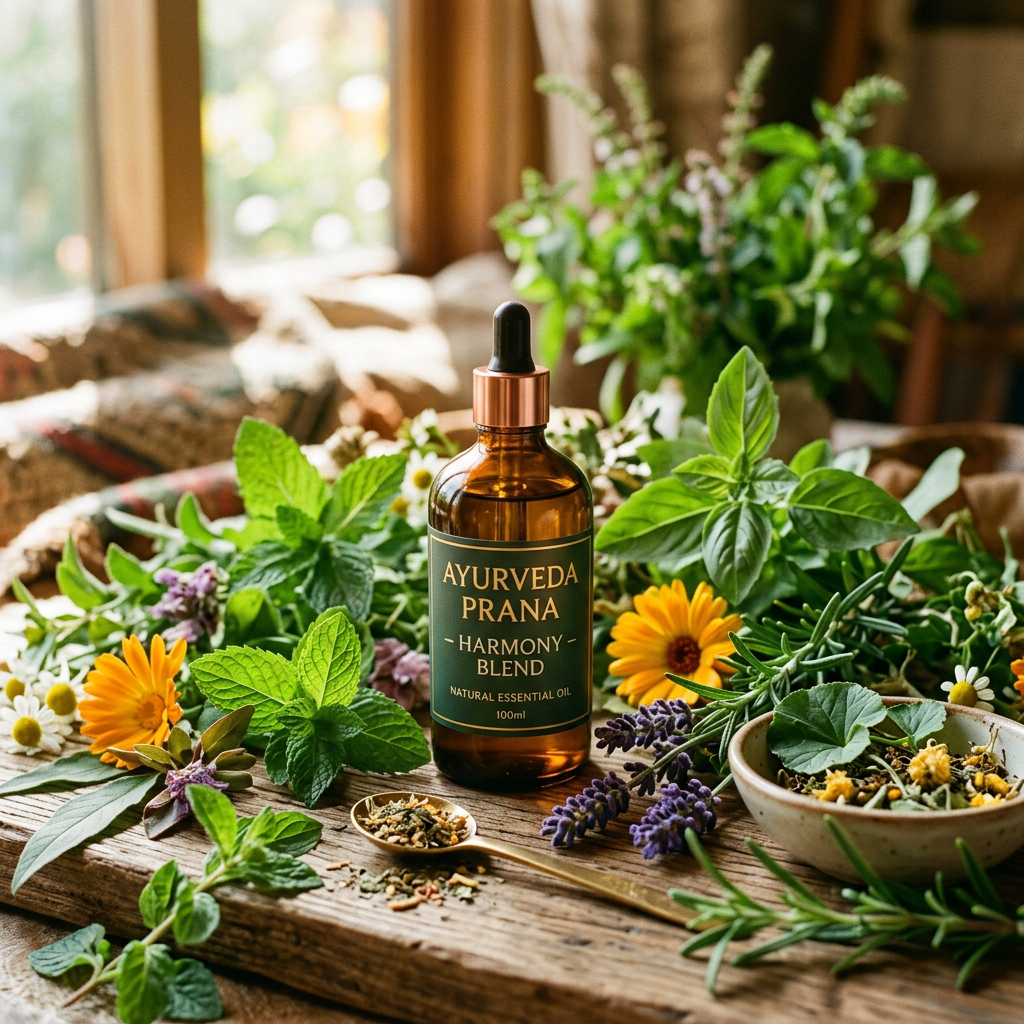 Herbal Essential Oil lifestyle shot with botanicals and natural light