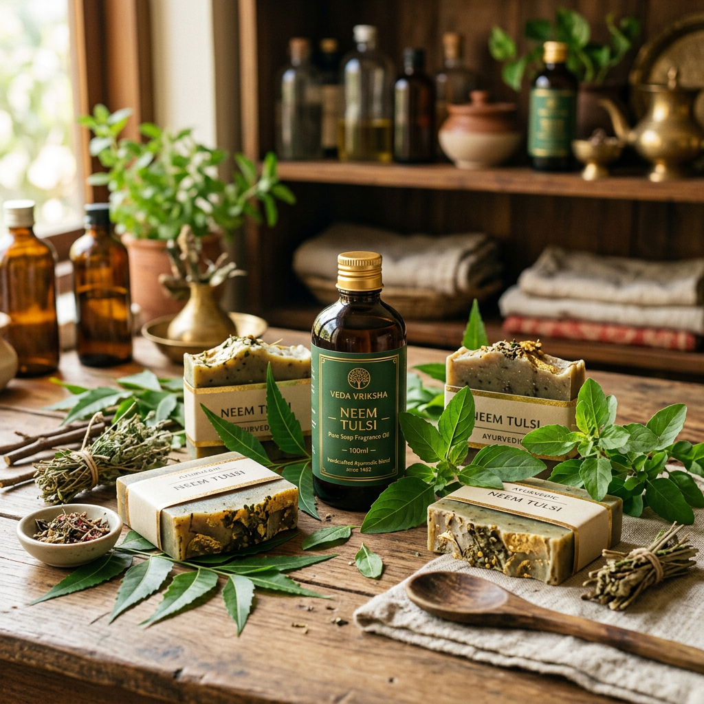 Neem Tulsi Fragrance Oil lifestyle with Ayurvedic herbal soap bars
