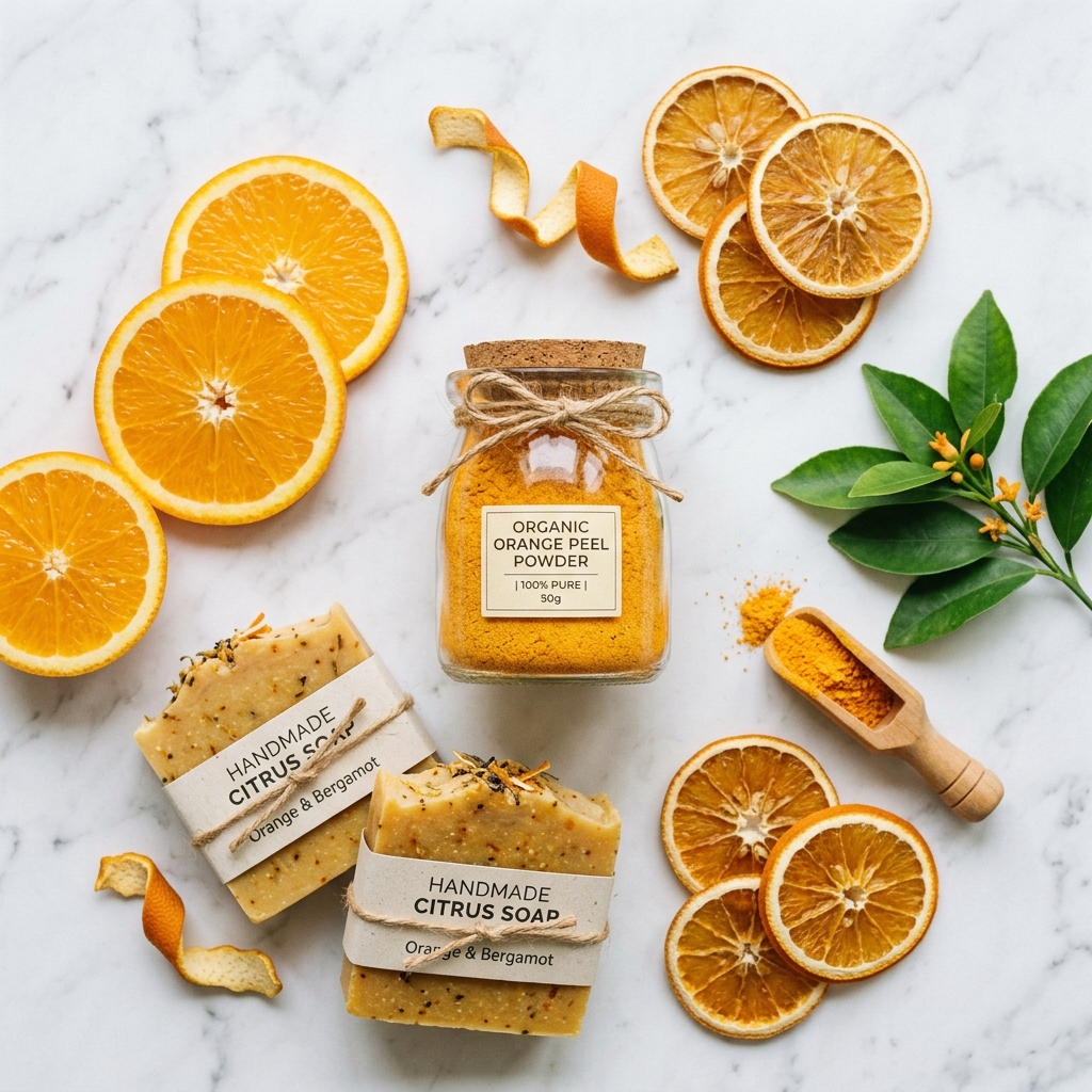 Orange Peel Powder flat lay with citrus soap bars and orange slices on marble