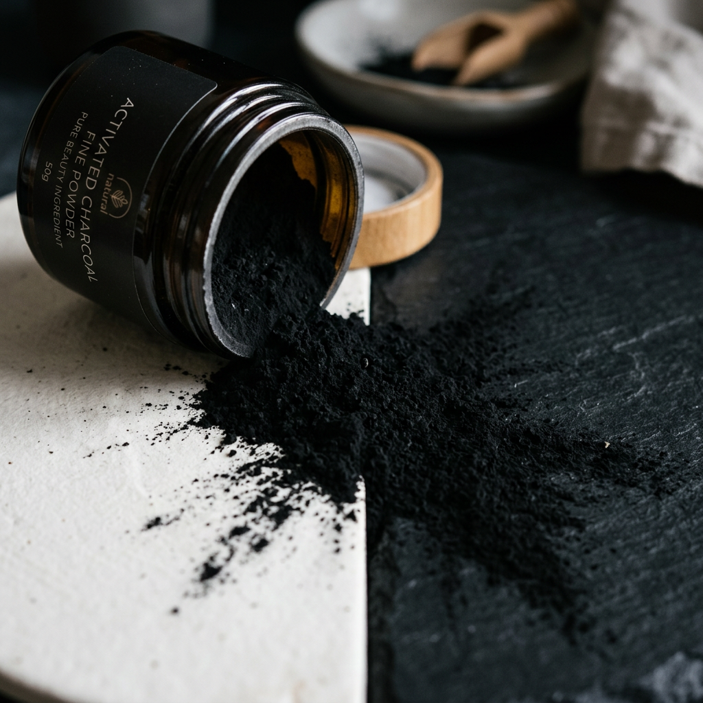 Activated Charcoal Powder close-up fine black powder spilling from jar