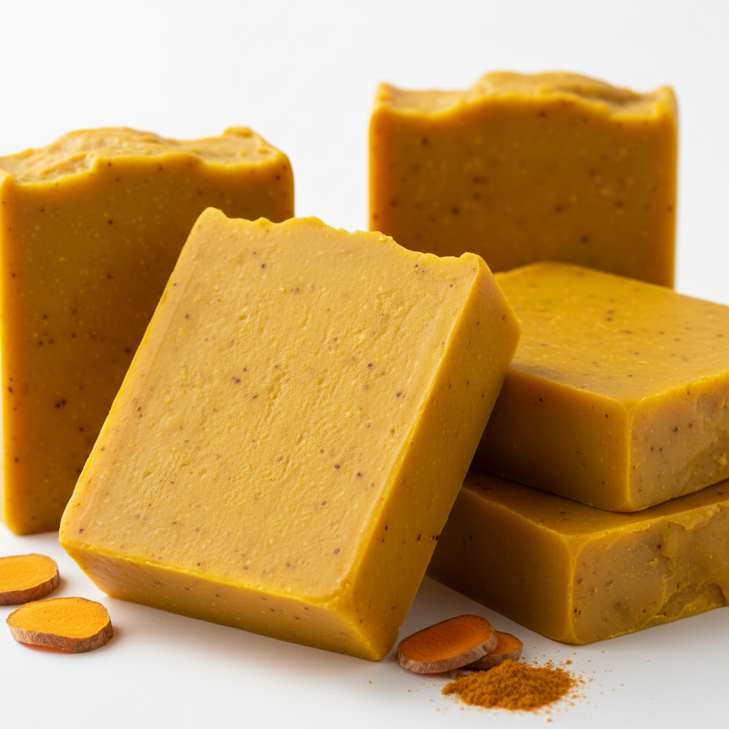 Turmeric soap base bars, vibrant golden yellow color, natural handmade cosmetic ingredient