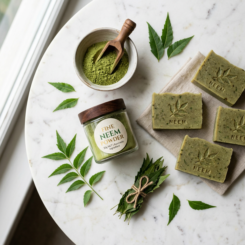 Neem Powder flat lay with green herbal soap bars and neem leaves on marble
