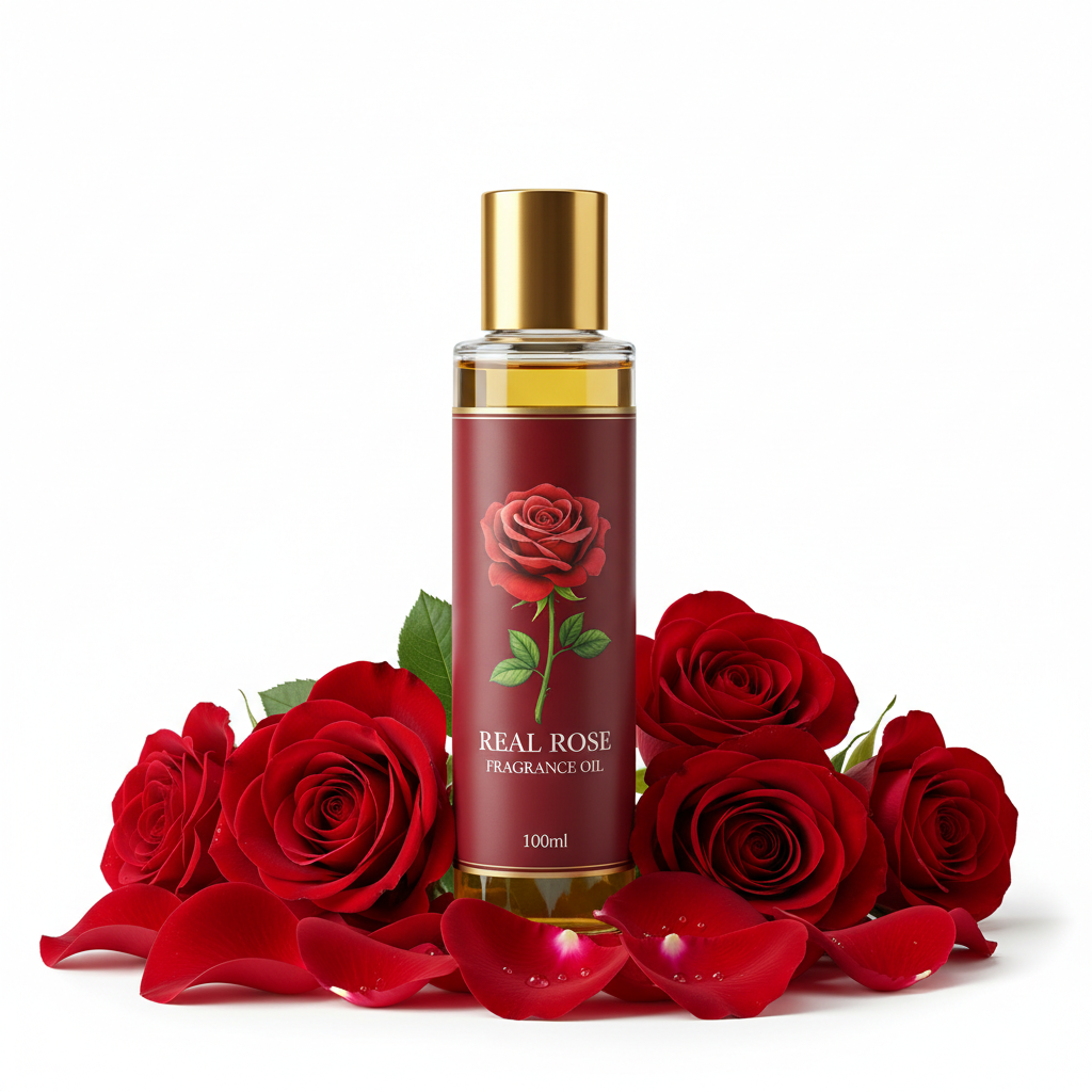 Real Rose Fragrance Oil 100ml bottle with fresh red roses