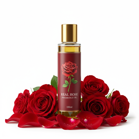 Real Rose Fragrance Oil 100ml bottle with fresh red roses