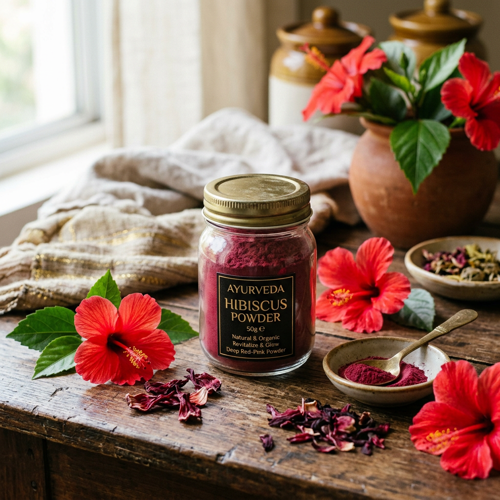 Hibiscus Powder lifestyle with bright red hibiscus flowers and powder jar