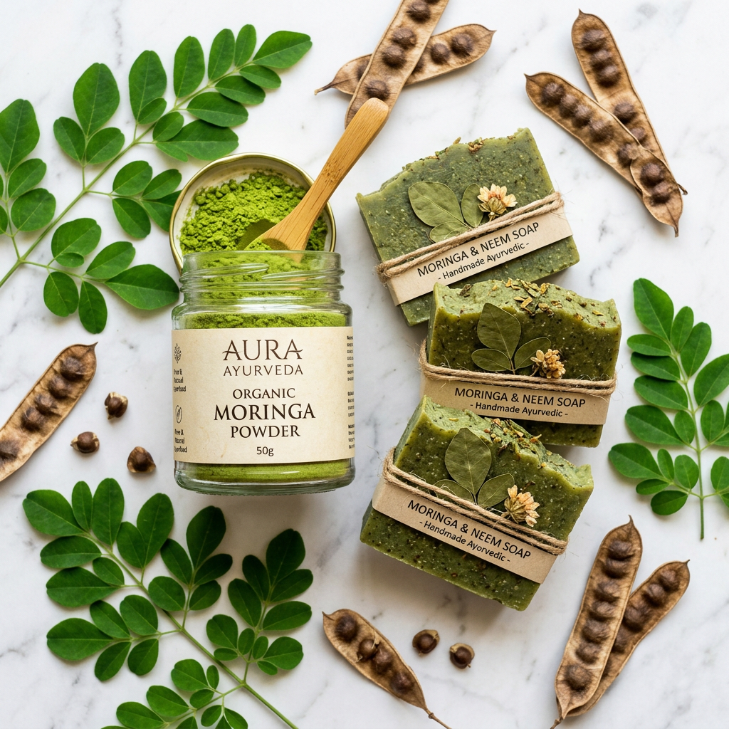 Moringa Powder flat lay with green herbal soap bars and moringa leaves on marble