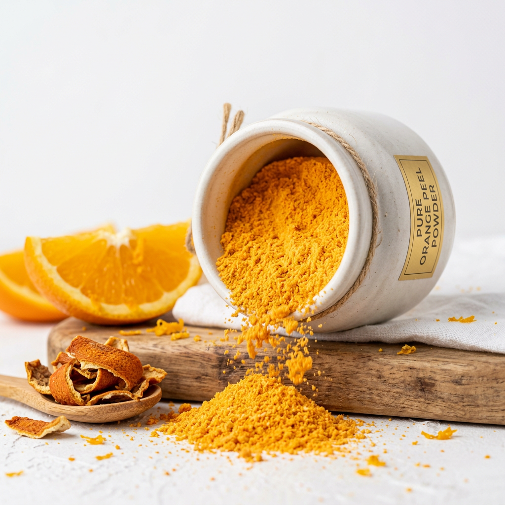 Orange Peel Powder close-up fine orange powder with fresh citrus slices