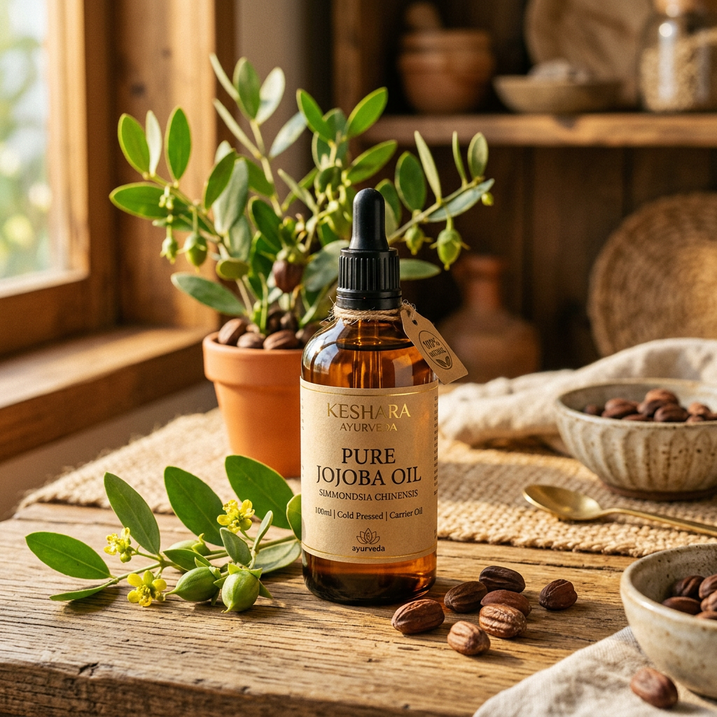 Jojoba Oil lifestyle shot with amber bottle and jojoba plant on wood