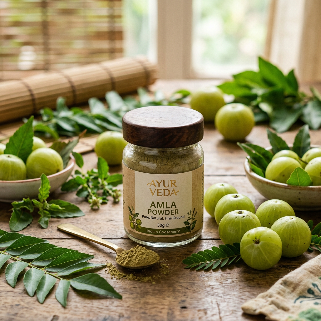 Amla Powder lifestyle with fresh amla gooseberry and green powder jar
