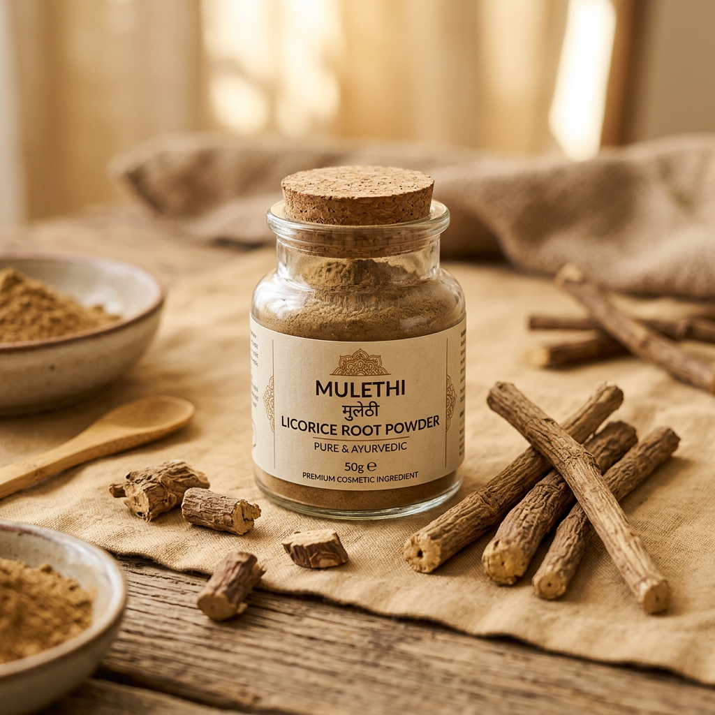 Mulethi Powder 50g glass jar with dried licorice root sticks