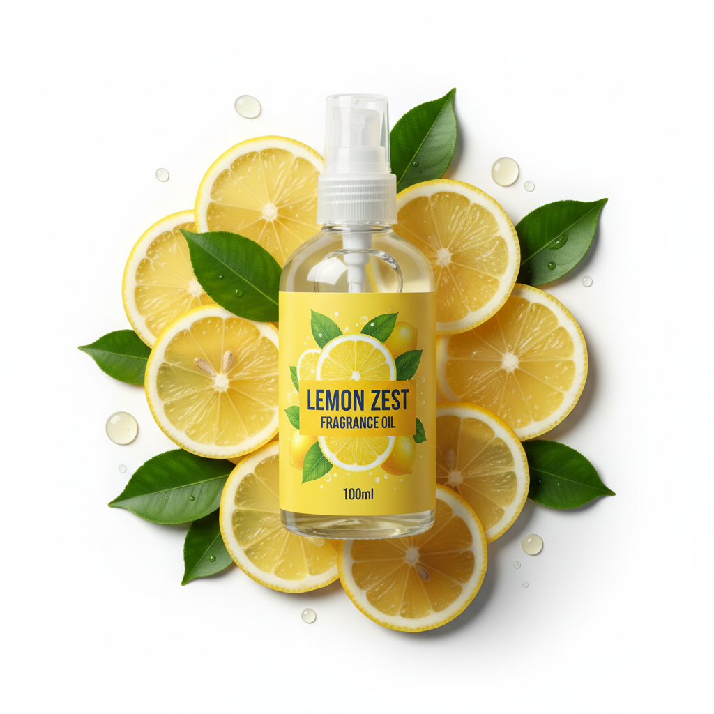 Lemon fragrance oil 100ml bottle with fresh lemon slices and leaves