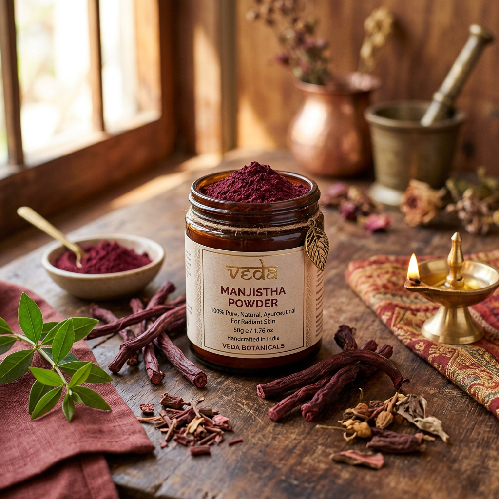 Manjistha Powder lifestyle with dried roots and deep red powder jar