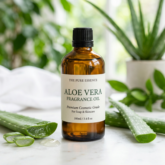 Aloe Vera Fragrance Oil 100ml bottle with fresh aloe vera leaves