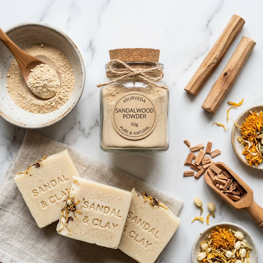 Sandalwood Powder flat lay with cream soap bars and sandalwood sticks on marble