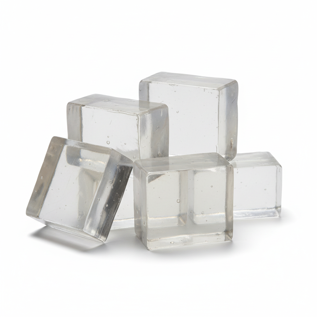 Transparent clear glycerin soap base bars on white background