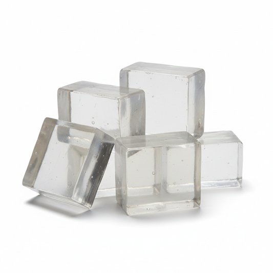 Transparent clear glycerin soap base bars on white background