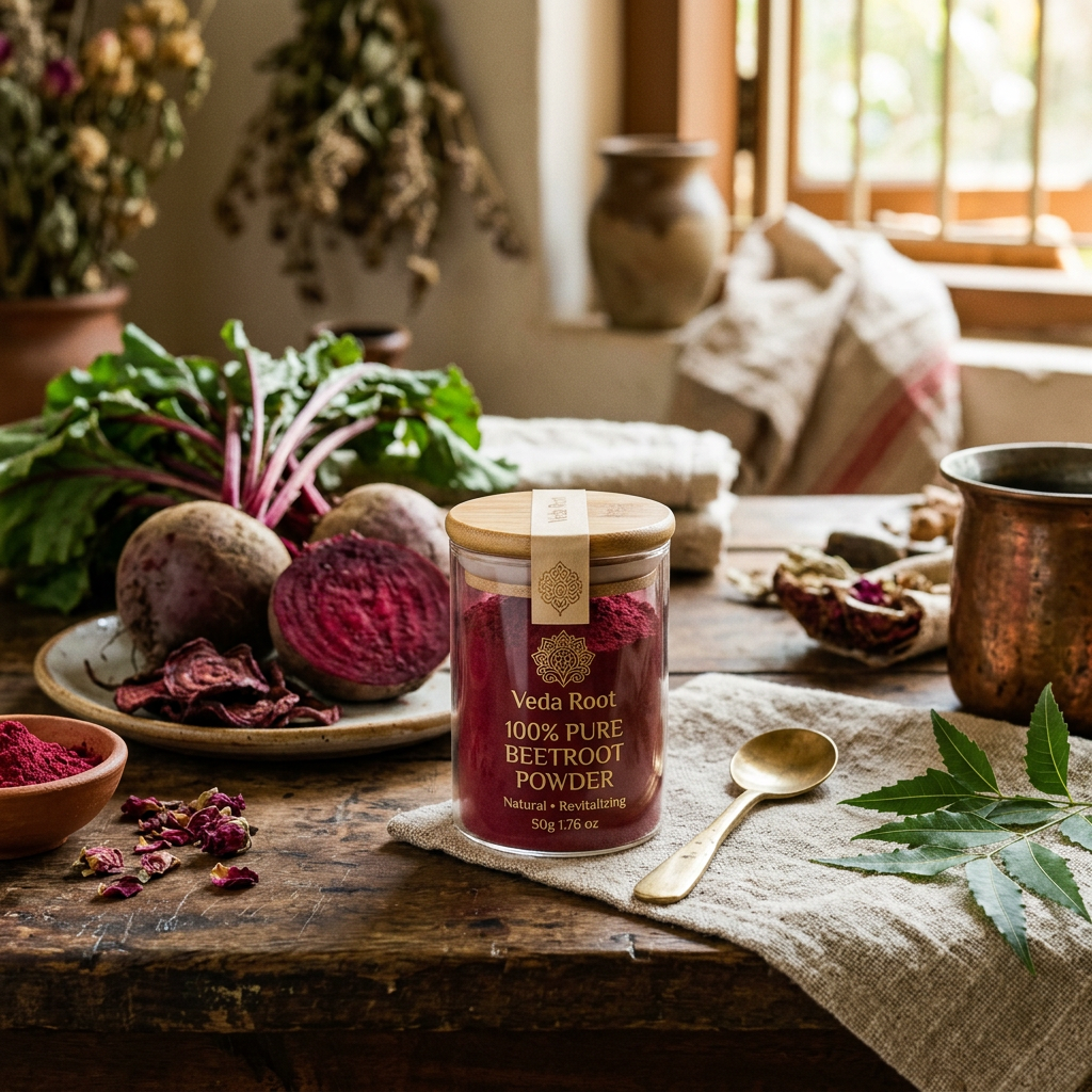 Beetroot Powder lifestyle with fresh beetroot and red powder jar