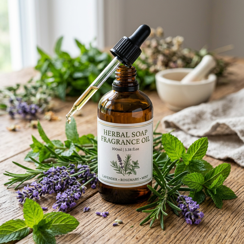 Herbal Soap Fragrance Oil 100ml bottle with fresh herbs