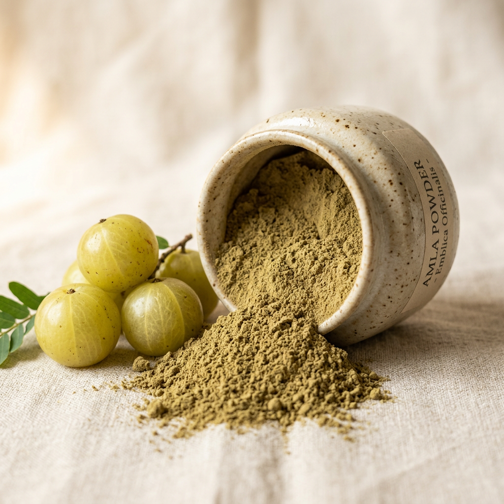 Amla Powder close-up fine green powder with fresh amla fruits