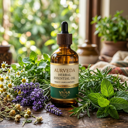 Herbal Essential Oil 100ml amber bottle with mixed fresh herbs