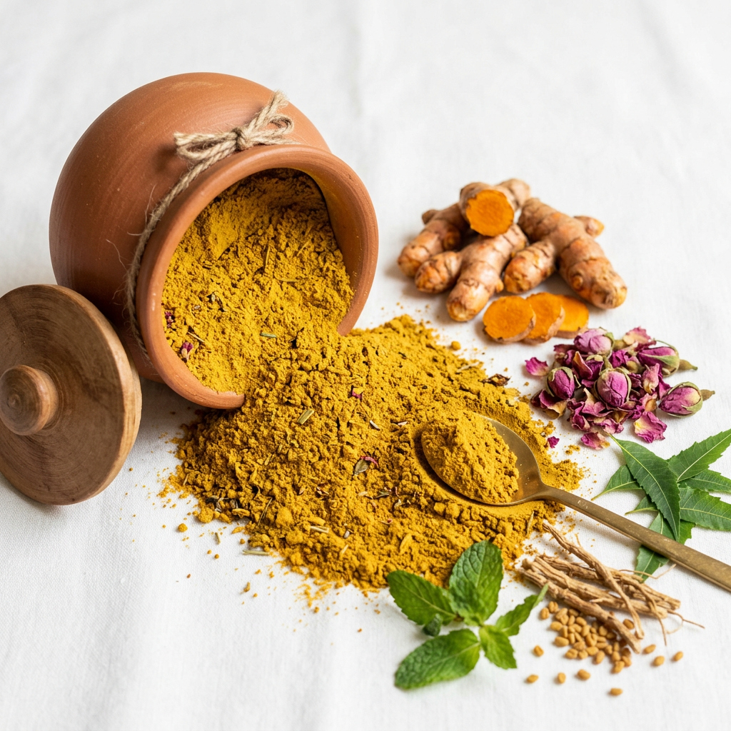Ubtan Powder close-up golden herbal powder with turmeric and rose petals