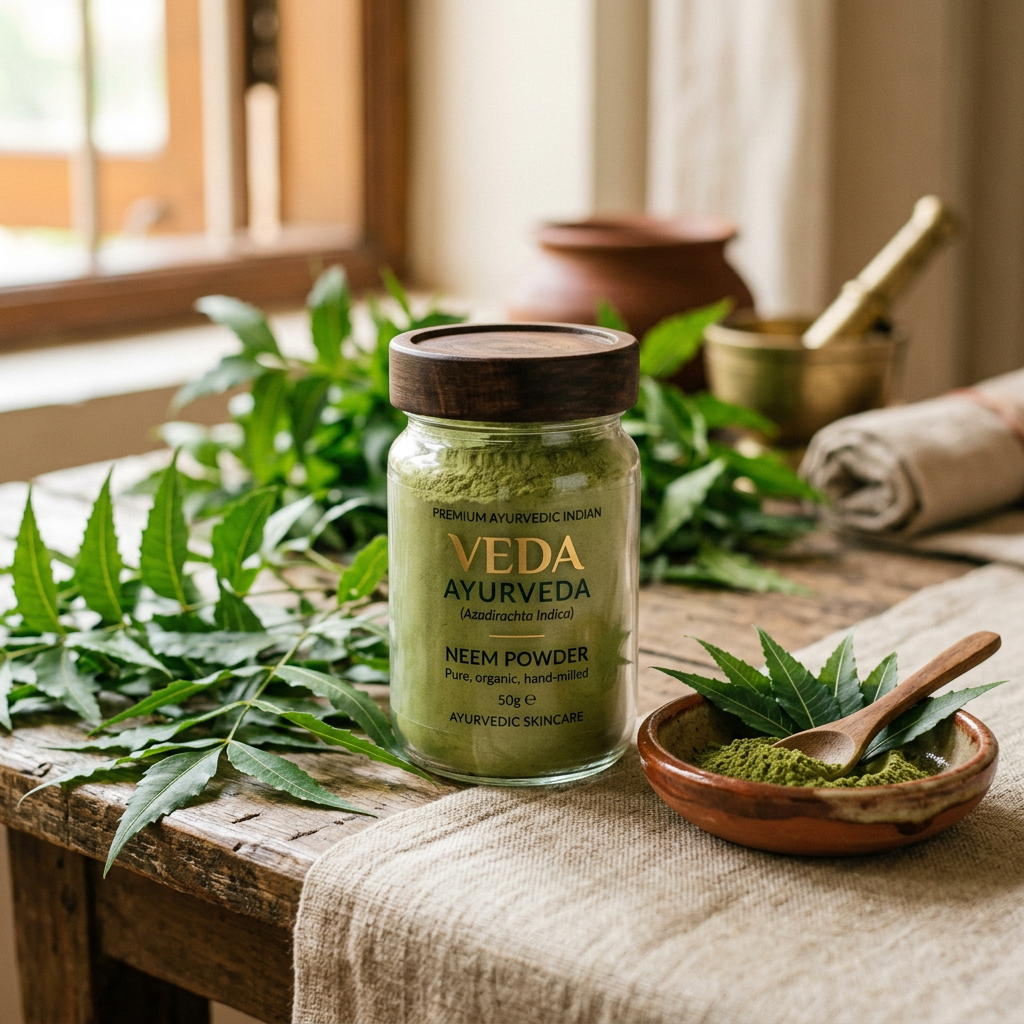 Neem Powder lifestyle with fresh neem branches and green powder jar