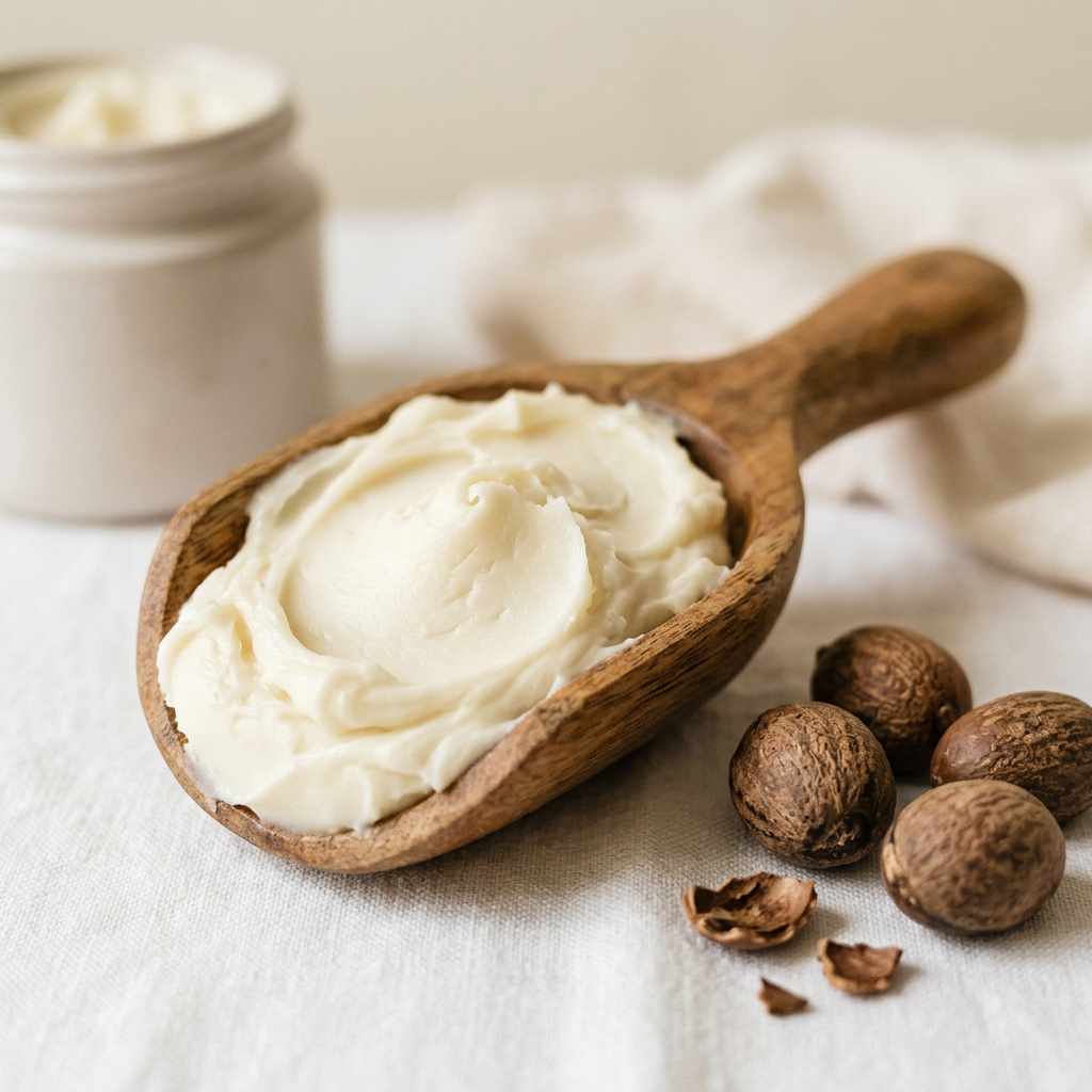 Shea Butter close-up creamy ivory texture with shea nuts
