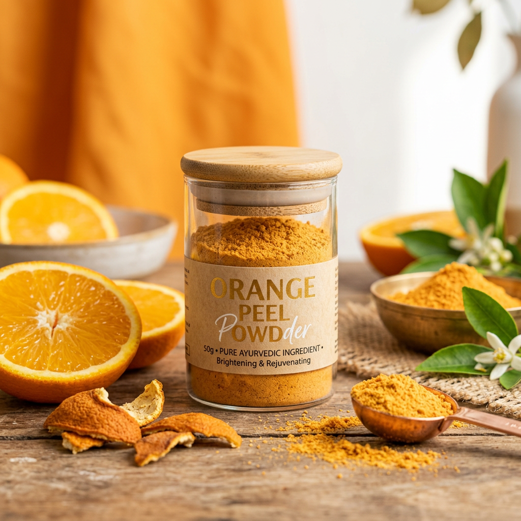 Orange Peel Powder 50g glass jar with fresh orange slices and dried peel