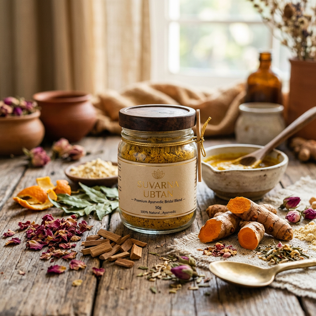 Ubtan Powder lifestyle with turmeric roots rose petals and golden powder jar