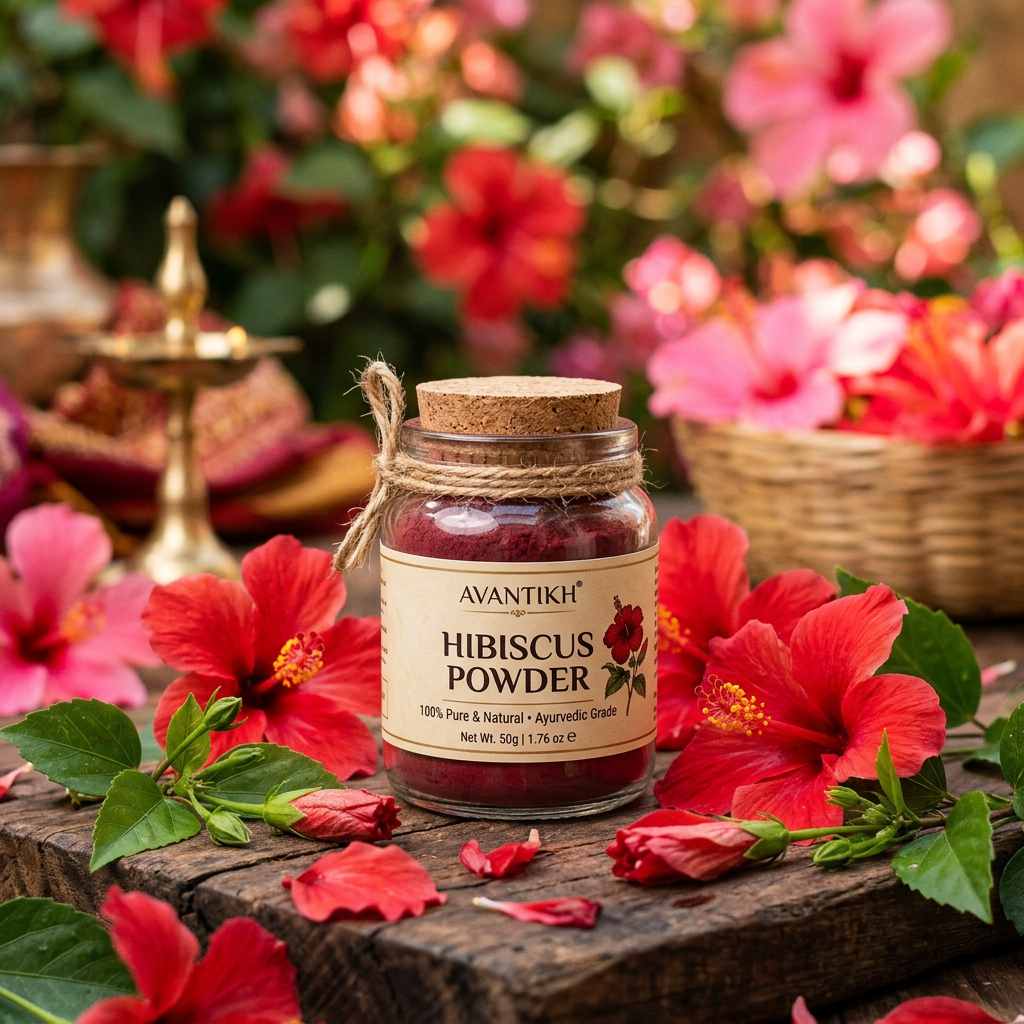 Hibiscus Powder 50g glass jar with fresh red hibiscus flowers