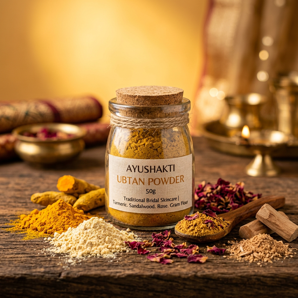 Ubtan Powder 50g glass jar with turmeric rose petals and herbs