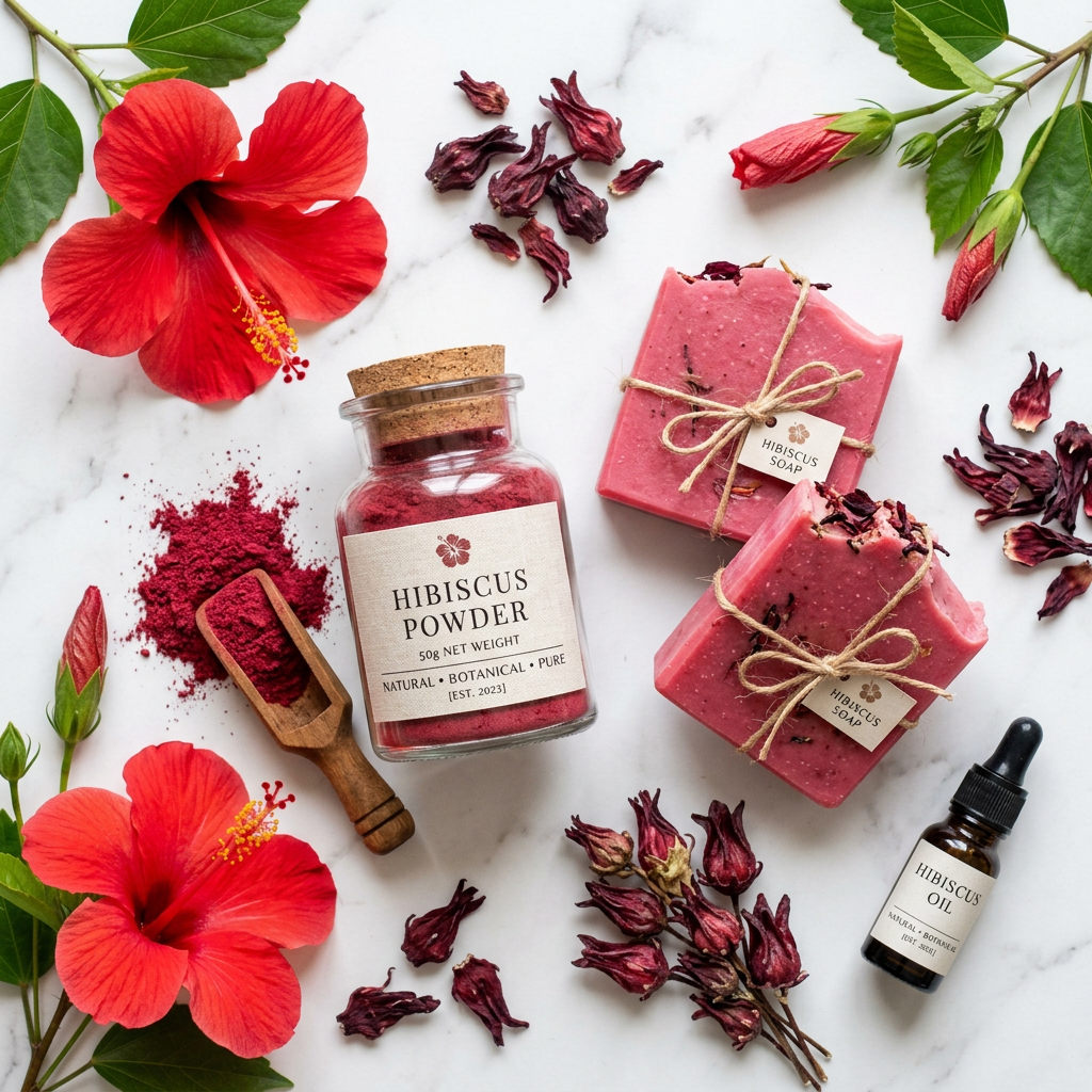 Hibiscus Powder flat lay with pink soap bars and hibiscus petals on marble