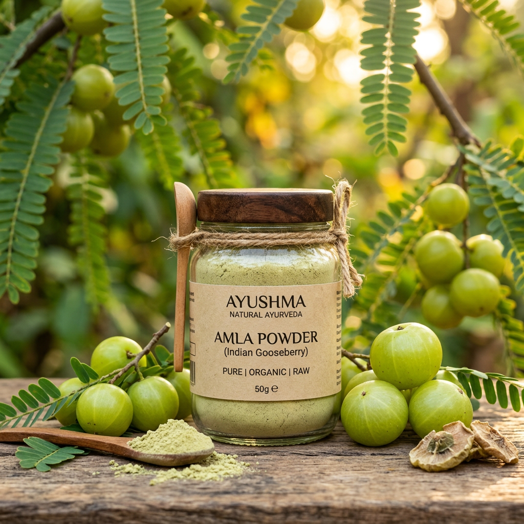 Amla Powder 50g glass jar with fresh amla gooseberry fruits