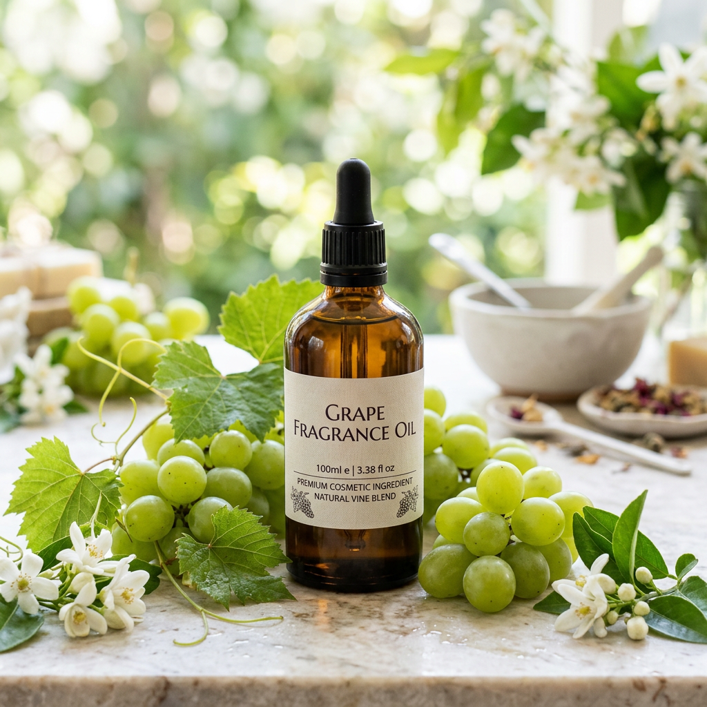 Grapes Fragrance Oil 100ml bottle with fresh green grapes and vine leaves