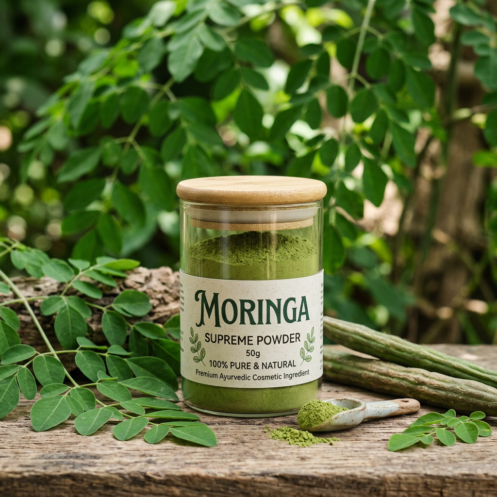Moringa Powder 50g glass jar with fresh moringa leaves and drumstick pods