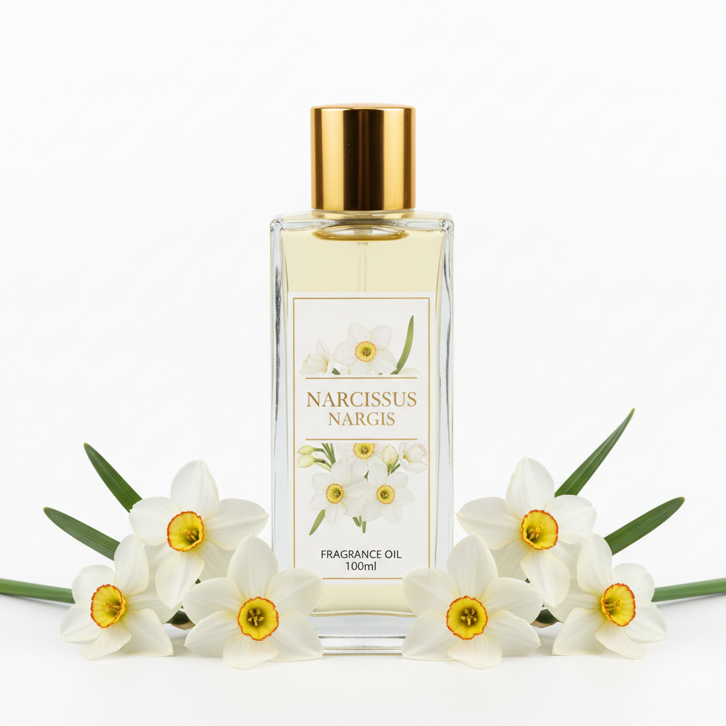 Nargis narcissus fragrance oil 100ml bottle with white narcissus flowers