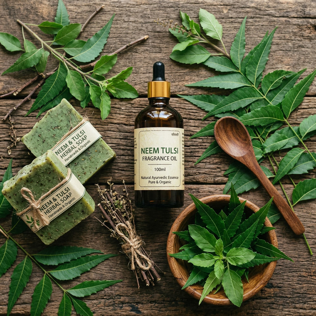 Neem Tulsi Fragrance Oil flat lay with green herbal soaps on wooden surface