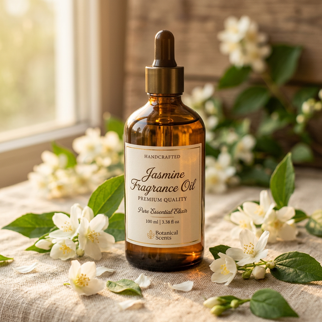 Jasmine Fragrance Oil close-up with jasmine blossoms